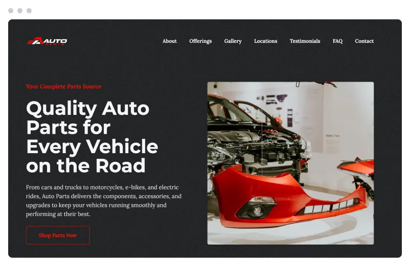 Template of a Auto Parts website built with Siimple.