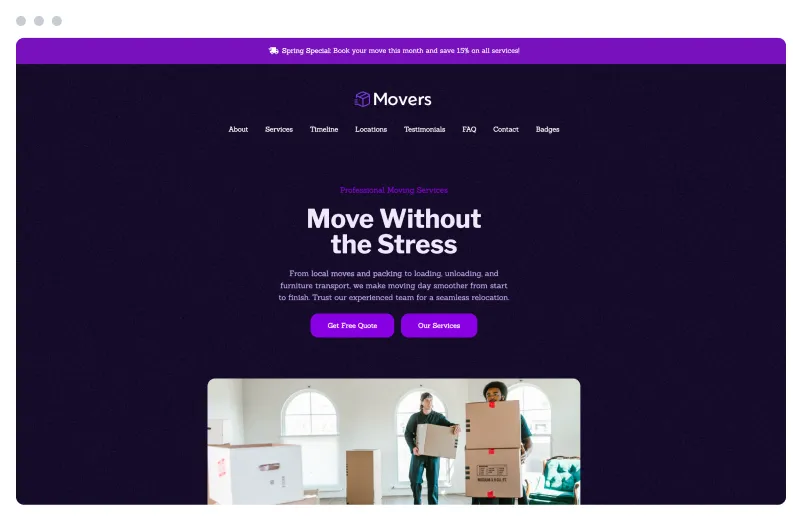 Template of a Movers website built with Siimple.