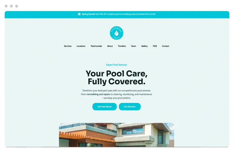 Template of a Pool Care website built with Siimple.